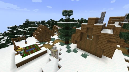 Minecraft गांव: एक किसान ग्रामीण के साथ एक बर्फीली ताइगा गाँव और बैठक क्षेत्र के चारों ओर घूमने वाला एक लोहे का गोलेम।