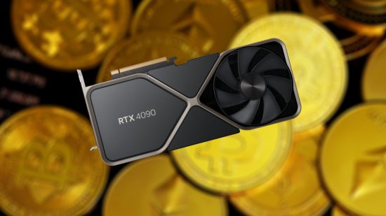 Nvidia RTX 4090 graphics card with cryptocurrency backdrop