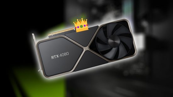 Nvidia RTX 4080 on blurred GeForce backdrop wearing emoji crown