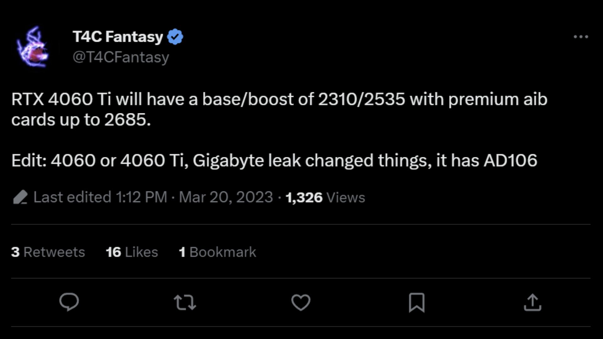 Nvidia RTX 4060 Ti clock speeds: Tweet by T4CFantasy with graphics card specs 