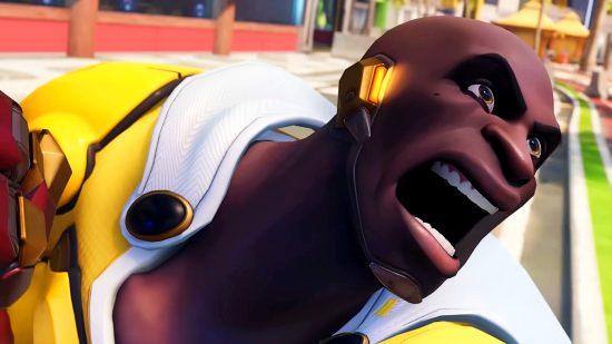 Overwatch 2 matchmaking stats - Doomfist in his Saitama outfit as part of the One Punch Man crossover event, yelling as he winds up to throw a punch.