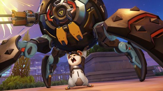 Overwatch 2 ranks: Hammond, the genetically modified hamster, stands ready for battle as his wrecking ball mech fires at an unseen foe using its turret arms.