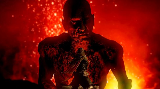 Path of Exile 3.21 release date - a figure stands before a giant stone statue of a person, while jets of molten lava spray up from behind it