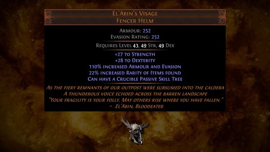 Path of Exile 3.21 Crucible - El'Abin's Visage, a unique fencer's helmet that can carry its own Crucible passive skill tree, the only armor piece that can
