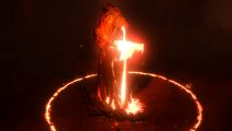 Path of Exile Crucible - a statue of a person pouring molten liquid into a container, with a glowing ring around their feet
