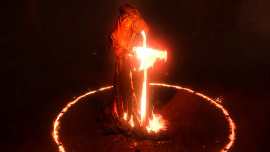 Path of Exile Crucible - a statue of a person pouring molten liquid into a container, with a glowing ring around their feet