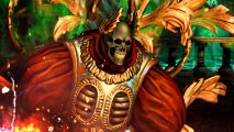 Path of Exile Sanctum - a skeletal figure in heavy golden and crimson armour with bright green wings