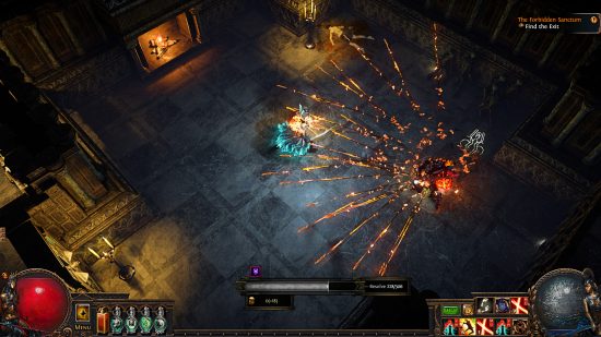 Path of Exile Forbidden Sanctum – Gameplay eines Charakters im schurkenhaften Dungeon, in dem Feinde Bögen aus flammenden Blitzen abfeuern