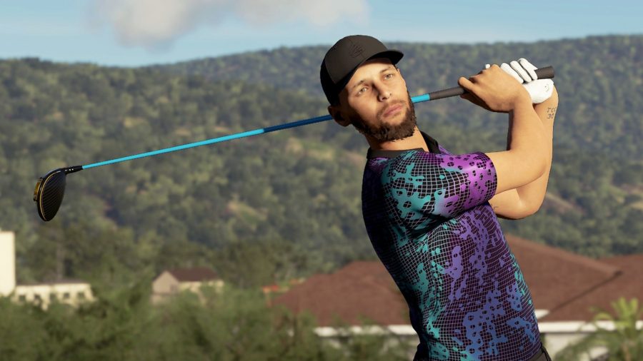 PGA Tour 2K23: A man in a bright shirt swings a golf club in sports game PGA Tour 2K23