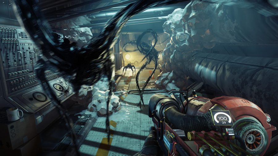 Prey: monsters attack Morgan while they are holding a sci fi gun in FPS game Prey