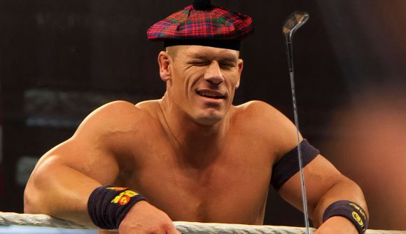 John Cena is about to destroy you at golf, because videogames: WWE wrestler John Cena wearing a golf hat and carrying a golf club