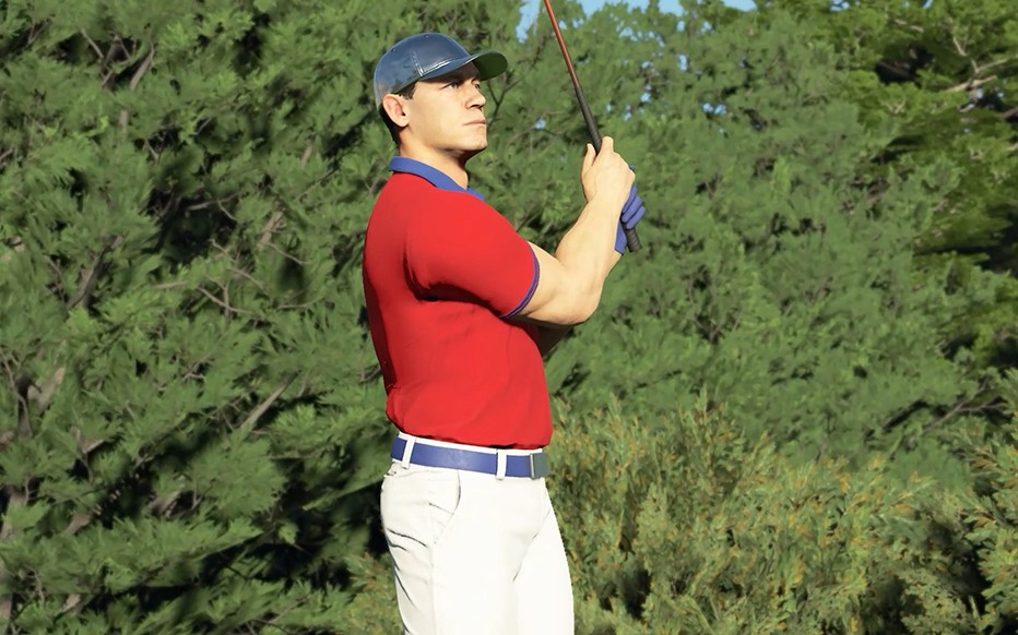 John Cena is about to destroy you at golf, because videogames: A man in a red shirt and blue hat, wrestler John Cena in sports game PGA Tour 2K23