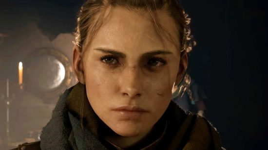 Plague Tale Requiem was an emotional "wreck room" for Amicia's VA: A young woman with a dirties face and messy hair tied back in a braid looks into the camera with a determined expression