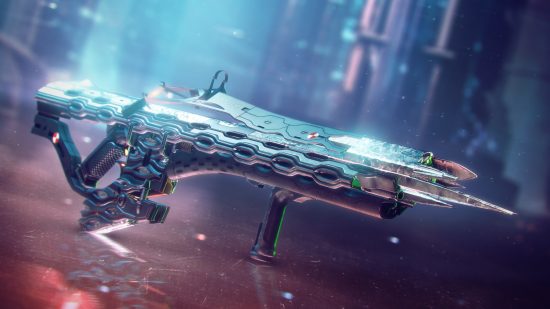 Destiny 2 Quicksilver Storm catalyst: a futusistic assault rifle backlit with neon lights