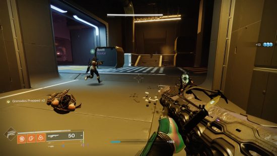 Destiny 2 Quicksilver Storm catalyst: first person perspective of a person holding a gun in a dimly lit corridor