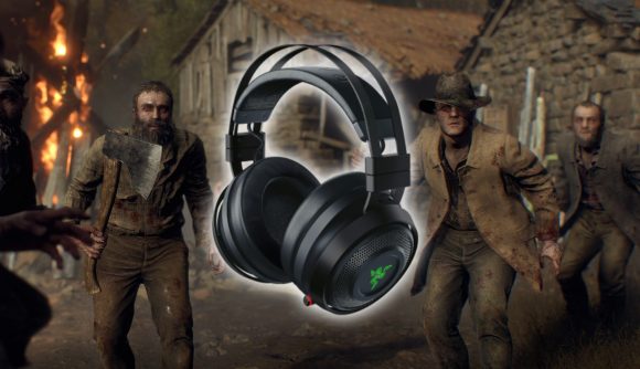 Razer Nari Ultimate Wireless headset with Resident Evil 4 Remake villagers in backdrop
