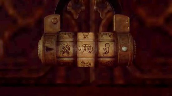 Resident Evil 4 Remake combination lock puzzle: The three icons on the combination lock as they must look to solve the puzzle, left to right, wheat, a pig, a child.