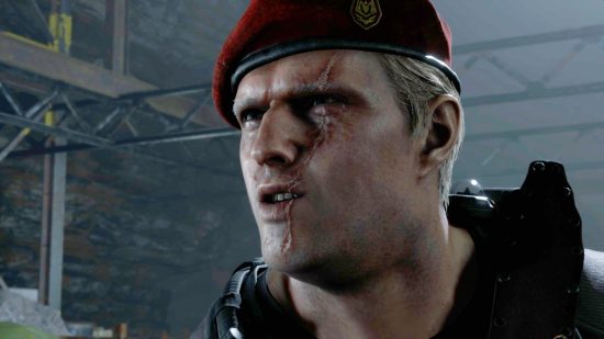 バイオハザード4のリメルキャンバリリリースリリース日：クラウザーは、彼のトレードマークの傷跡を顔に横に見て、彼の軍服の一部として深紅のベレー帽を着ています。