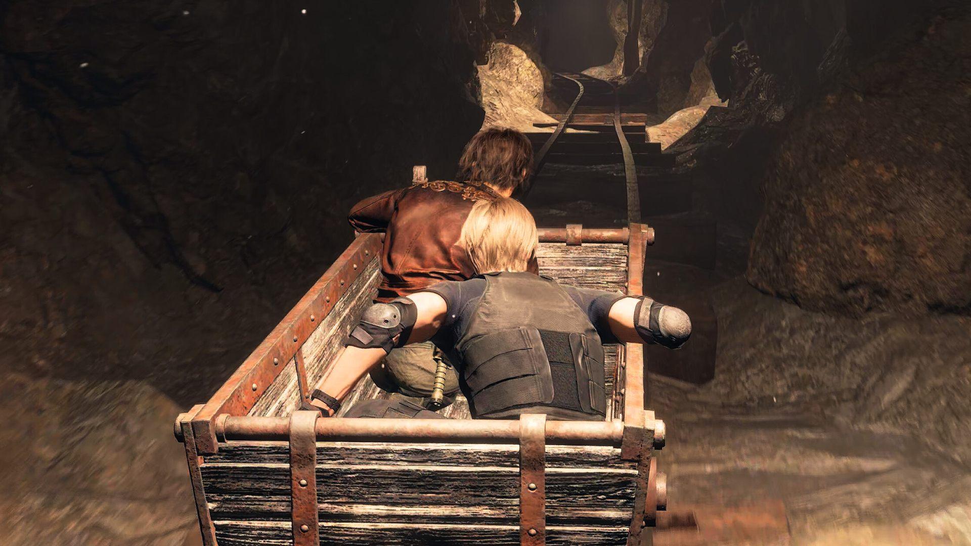 Best Resident Evil 4 Remake settings: Leon and Luis Serra riding in mine cart