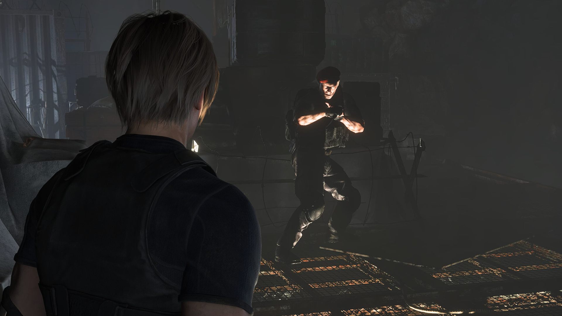 Resident Evil 4 Remake best settings: Leon facing Jack Krauser standing in the shadows