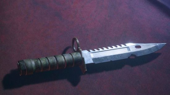 Resident Evil 4 best weapons: The Combat Knife lying on the counter of the Merchant's shop stall.