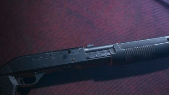 Resident Evil 4 best weapons: The Riot Gun shotgun lying on the counter of the Merchant's shop stall.