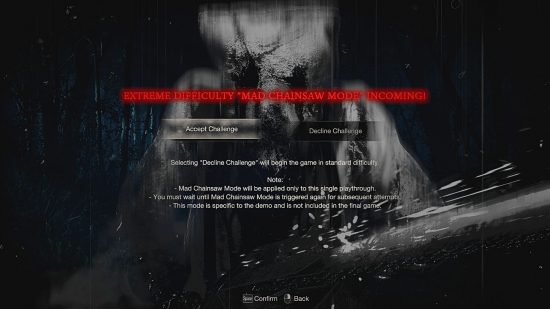 Resident Evil 4 Remake Chainsaw Demo - a screenshot that reads, 'Extreme difficulty "Mad Chainsaw Mode" incoming' along with the option to accept or decline the challenge mode