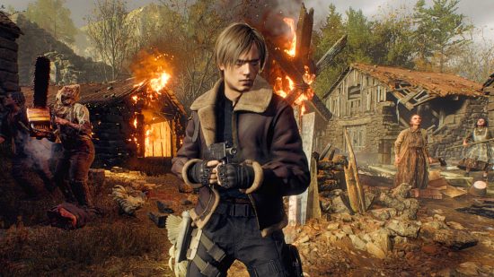 Resident Evil 4 remake reťazová píla TMP - Leon drží pištoľ taktického stroja v dedine neďaleko niekoľkých dedinčanov vrátane Dr