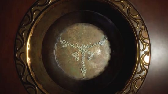 Resident Evil 4 Remake Crystal Marble puzzle solution: The crystal marble sits in the space, with all the dots aligned into the shape of the Los Illuminados symbol.