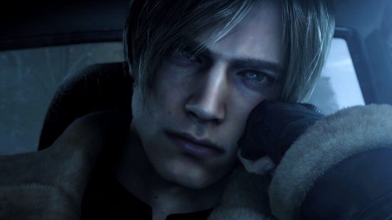 Resident Evil 4 Remake: Leon Kennedy stares dejectedly into space, resting his head on his gloved fist.