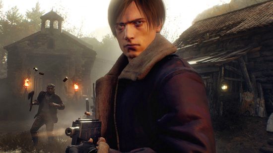 Resident Evil 4 Remake demo secret weapon - Leon fires a TMP as a villager stands behind him, looking angry