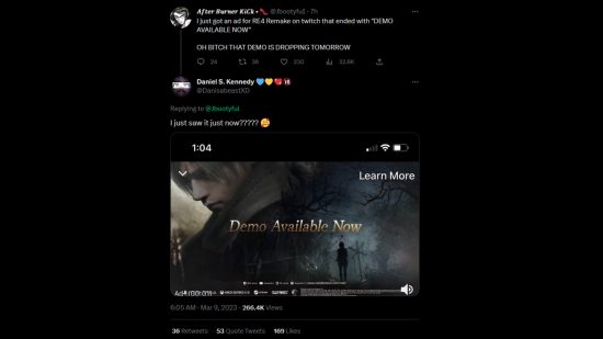 Resident Evil 4 - Twitter image showing a supposed Resident Evil 4 Remake advert claiming 'Demo Available Now'