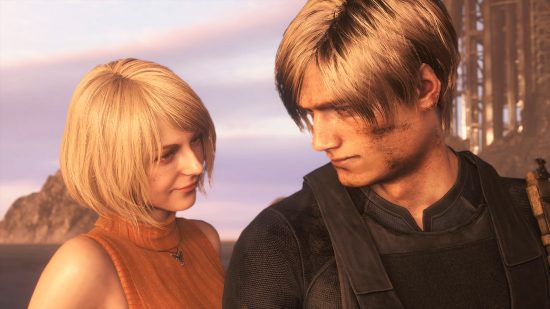 Resident Evil 4 remake new game plus: Leon and Ashley looking at each other while riding a speed boat