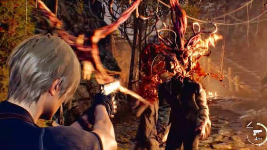 Resident Evil 4 Remake looks like the best RE since 1996: A secret agent, Leon Kennedy, aims a handgun at two monsters with swirling tentacles in Capcom horror game Resident Evil 4 Remake