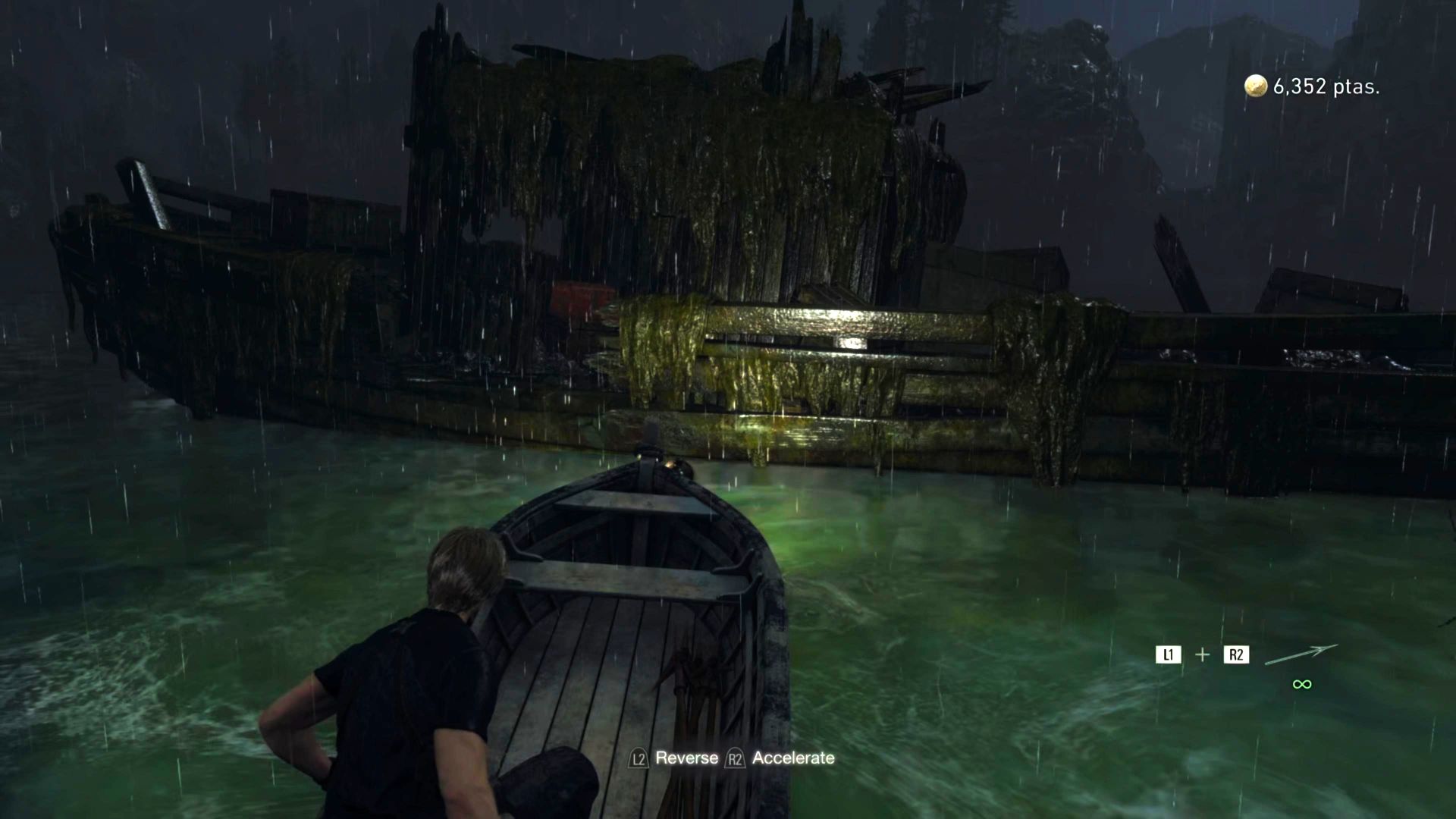 Resident Evil 4 Remake Red9 location: Leon approaches the dilapidated boat on the lake in his own small speedboat.