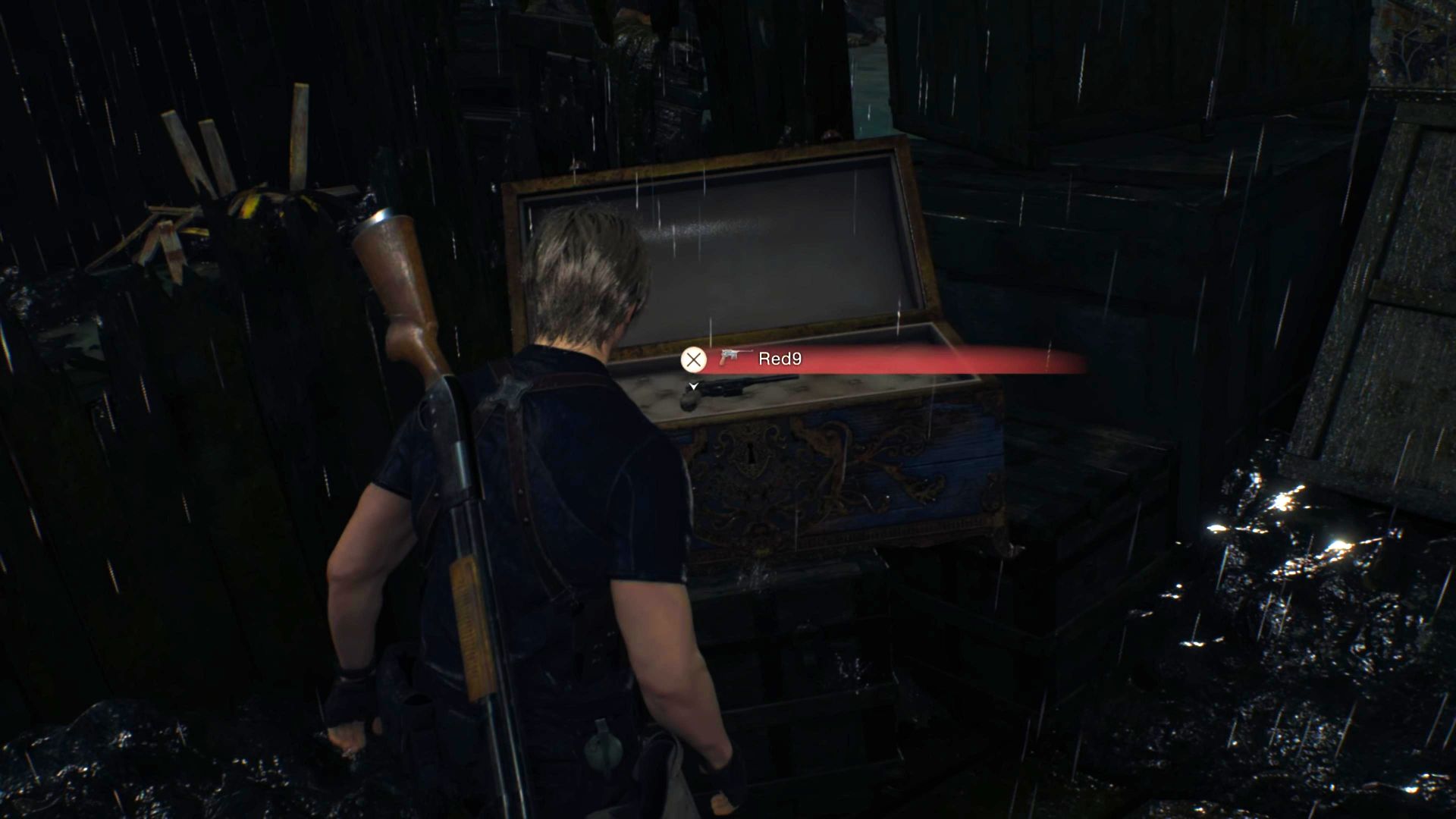 Resident Evil 4 Remake Red9 location: Leon stands before the blue chest containing the Red9 on the deck of the dilapidated boat in the middle of the lake.