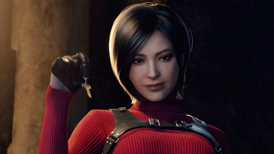 Resident Evil 4 Remake Separate Ways: Ada Wong stands in a red dress holding a key during the main Resident Evil 4 remake game.