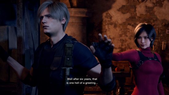 Resident Evil 4 remake Separate Ways: Ada stands behind Leon, holding a gun to his back, text reads: "After six years, that's one hell of a greeting"