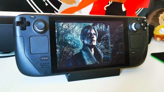 Resident Evil 4 Remake Steam Deck: Valve handheld PC on dock with Leon Kennedy on screen