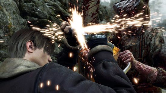 Best single-player games: The Resident Evil 4 remake: a fight ensues with sparks as Leon battles an enemy with a chainsaw