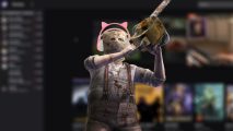 Resident Evil 4 Remake real chainsaw controller: Dr Salvador wearing cat ear headset with blurred twitch backdrop