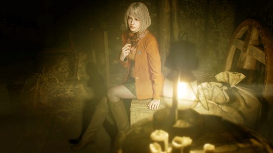 Revue de Resident Evil 4 : Une jeune femme aux cheveux blonds est assise dans une grange de Resident Evil 4