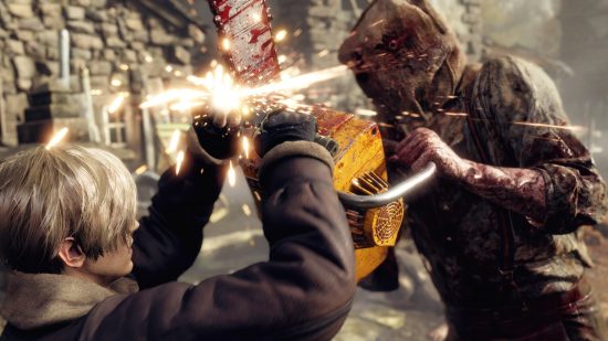 Resident Evil 4 review: A man with a knife parries an attack from a chainsaw-wielding monster in Resident Evil 4