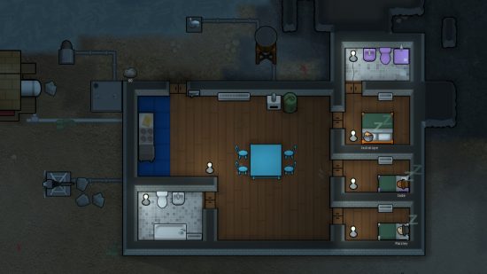 Several colonists sleeping in their bedrooms at night in one of the best best Rimworld mods.
