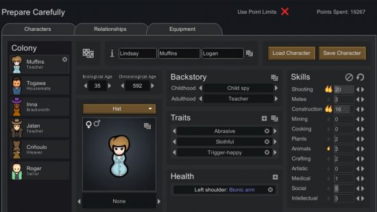 A character customisation screen for tinkering with colonist's stats in one of the best Rimworld mods.