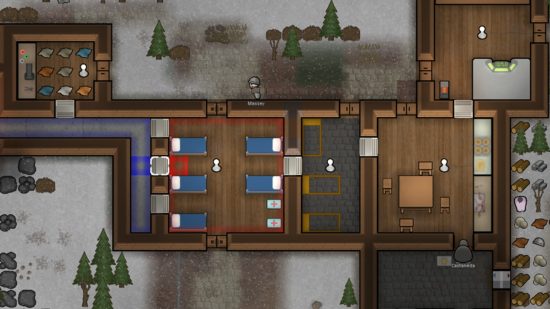 A colonist is walking outside of a bedroom in one of the best Rimworld mods.