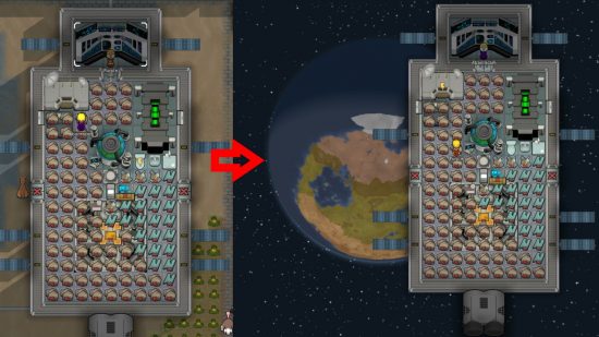 Two different views of a colony ship, the one on the right is in space, made possible only by one of the best Rimworld mods.
