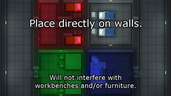 Lights showcasing how you can place items directly on walls in one of the best Rimworld mods.