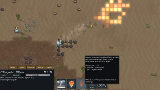 A colonist is casting fire magic in a desert via one of the best Rimworld mods.