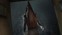 Sam Barlow calls Silent Hill 2 a "poison chalice," wishes Bloober luck: a man with a giant metal triangle on his head, standing in a doorway with rain pouring behind him